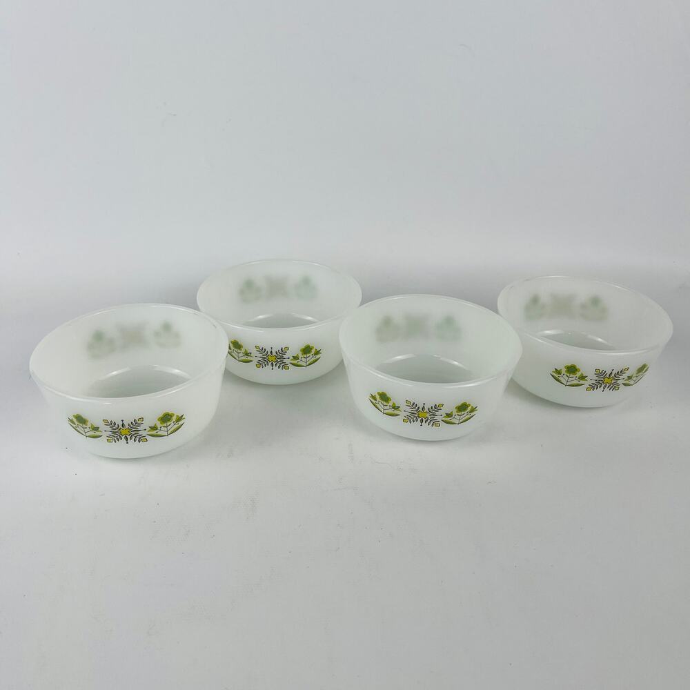 Fire King Anchor Hocking 6 oz. Custard Cups Bowl Meadow Green Pattern Set of 4